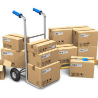 Heap of cardboard boxes with packaged goods and hand truck isolated on white background